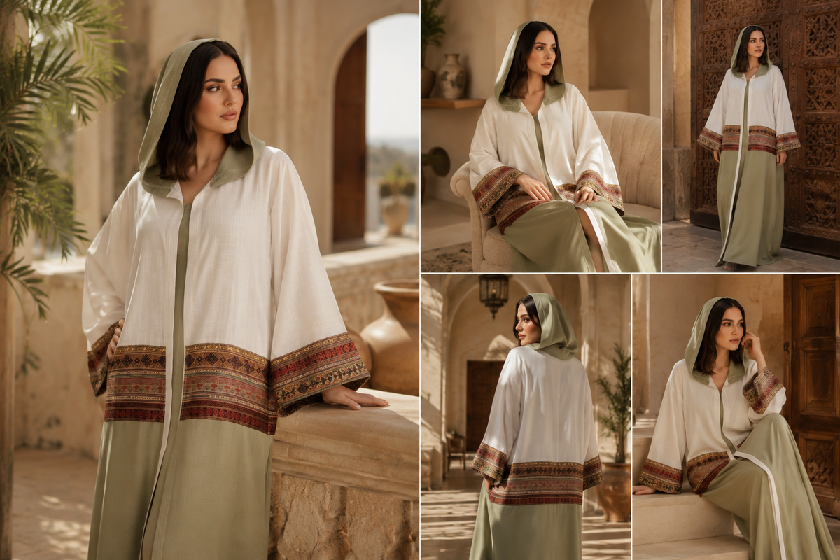 TAYA Moroccan Cardigan lifestyle editorial in ivory and sage